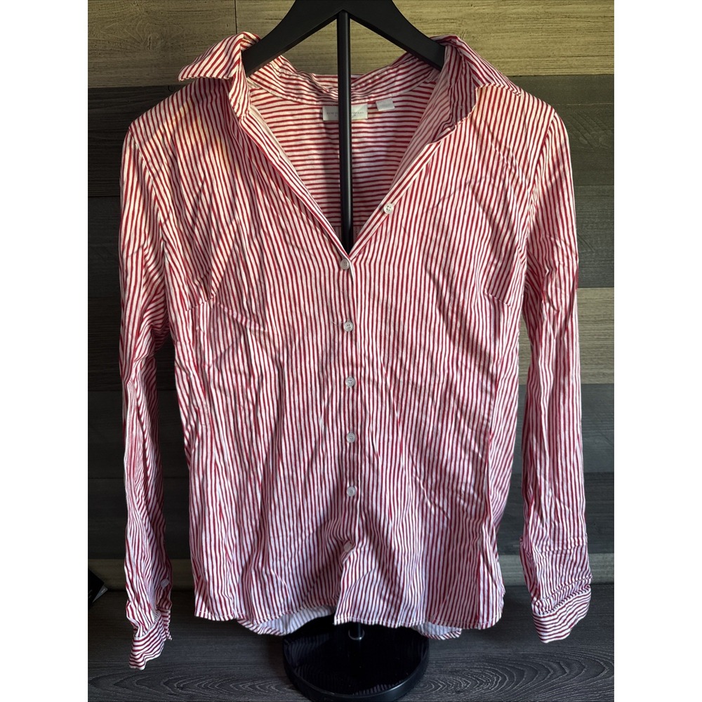 Red & White Stripe Colorful Top Button Up Sz M New York &  Company Long Sleeve
